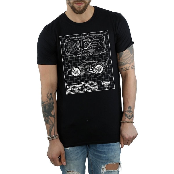 Cars Mens Lightning McQueen Blueprint Cotton T-Shirt XL Svart Black XL
