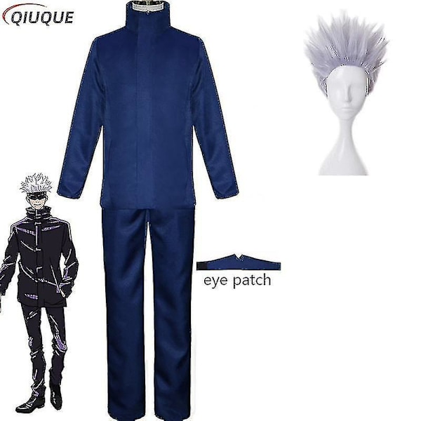 2023-anime Jujutsu Kaisen Gojo Satoru Cosplay Kostume Toppe Bukser Øjenlap Halloween Party Mænd Uniform Parykker-1-1 Blå Pakke 5 Blue Package 5 XL