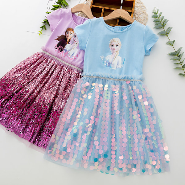 Flick Sommarklänning Anna Elsa Prinsessa Födelsedagsfest Klänning Kort Ärm Paljettklänningar Pink 120cm