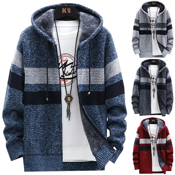 Män Fleece Strip Fodrad Hoodie Kappa Vinter Dragkedja Huva Jacka Toppar Red wine 2XL