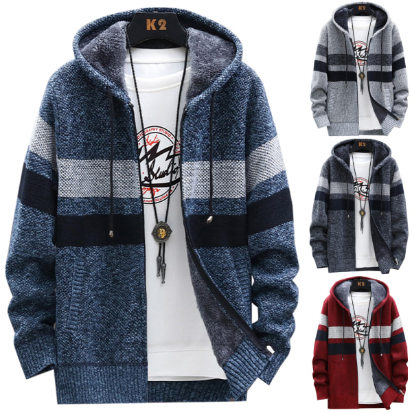 Män Fleece Strip Fodrad Hoodie Kappa Vinter Dragkedja Huva Jacka Toppar Red wine M
