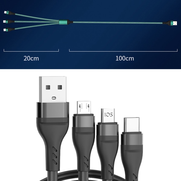 Multi 3A 3-i-1 USB -laddningssladd med telefon/typ C black