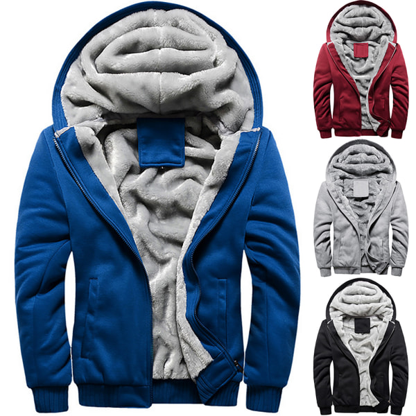 Man Warm Fleece Hoodie Full Zip Sherpa Fodrad Sweatshirt Jacka Black XL