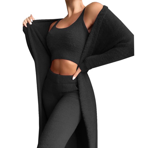 Kvinnor Lounge Wear Set 3 delar träningsoveraller Fleece Pyjamas Casual black XL