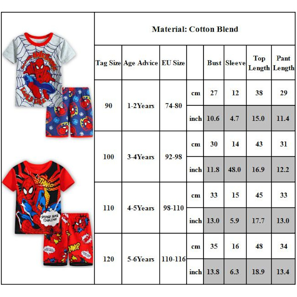 Spiderman Pyjamas för pojkar Barn sommar T-shirt Korta PJs Set B 90cm