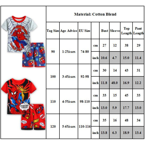 Spiderman Pyjamas för pojkar Barn sommar T-shirt Korta PJs Set D 90cm