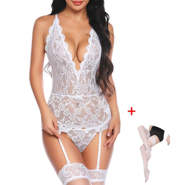 Kvinnlig sexig underkläder Halterneck Bodysuit Underkläder Genomskinlig white XL