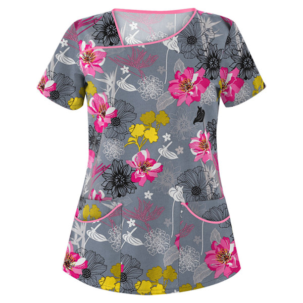 Kvinnors tryckta medicinska uniform sjuksköterska skrubb kortärmad ficka T-shirt toppar #6 S