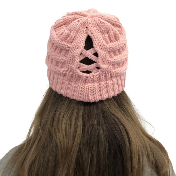Dam Messy Bun Stickad Hästsvans Mössa Hatta Enkla Varma Mössor Pink