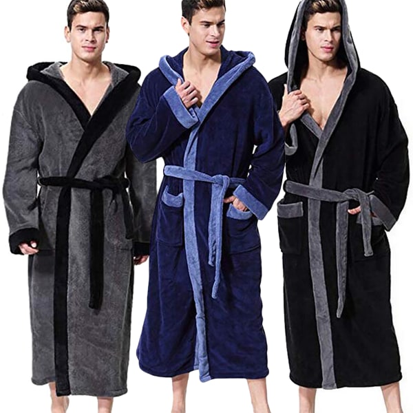 Morgonrock med huva för män, byte av handduk, badrock i fleece Black 4XL