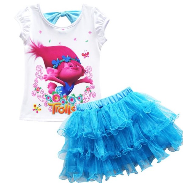 Barnflickor Trolls Prinsess Poppy Kortärmad T-shirt + Tutu Tyll Minikjol Blue 120cm