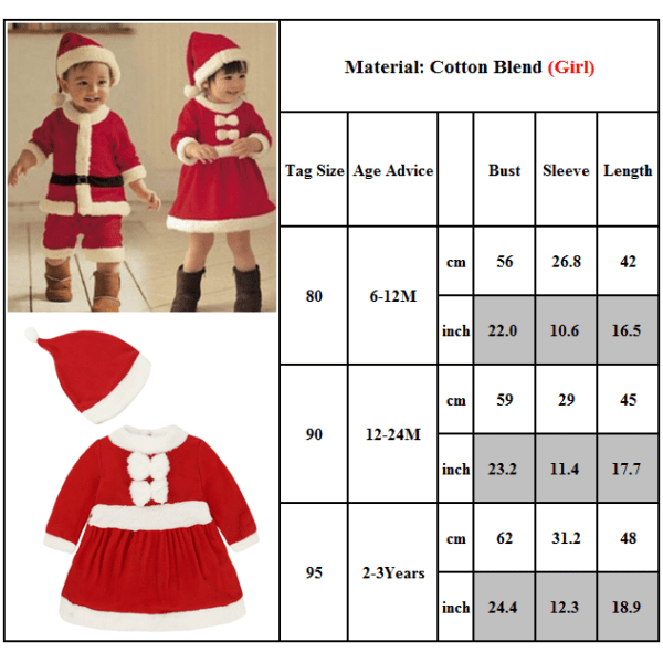 Babykläder Långärmad Jultomte Tryckt En-delad Overall + Mössa girls 80cm