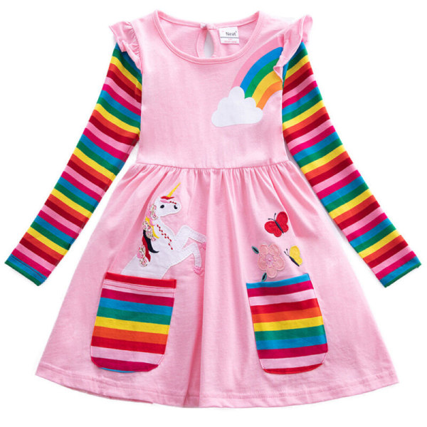 Enhörningsklänning för flickor Barn Regnbåge långärmad prinsessklänning Pink 6-7 Years