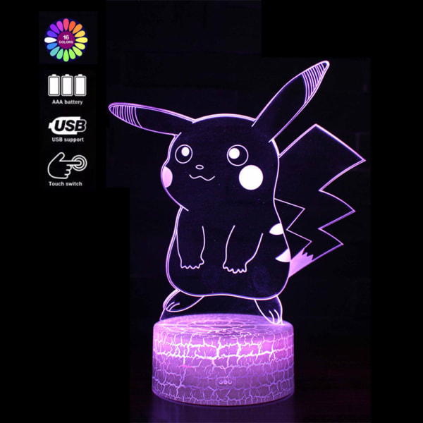 3D Illusion LED Nattljus Pikatchu 7 färger USB lampa Animal