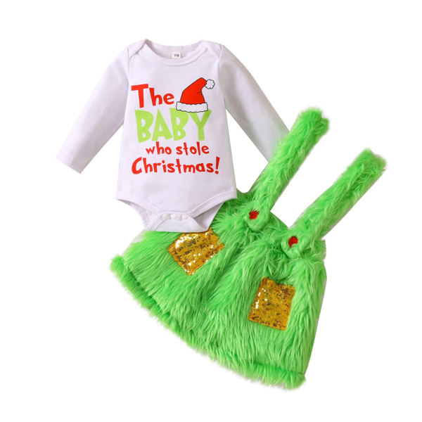Nyfödd bebis jul långärmad grön päls romper klänning 90cm
