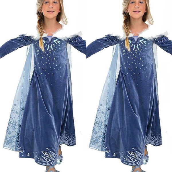 Snowflake Cape Princess Dress Ice Queen Girls Halloween kostym bule 110