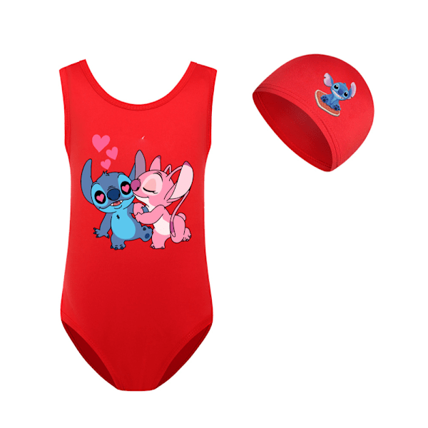 Barn Flickor Lilo & Stitch Tecknad Baddräkt Hel Baddräkt Strandkläder Simdräkt Surfdräkt Med Badmössa Red 130cm