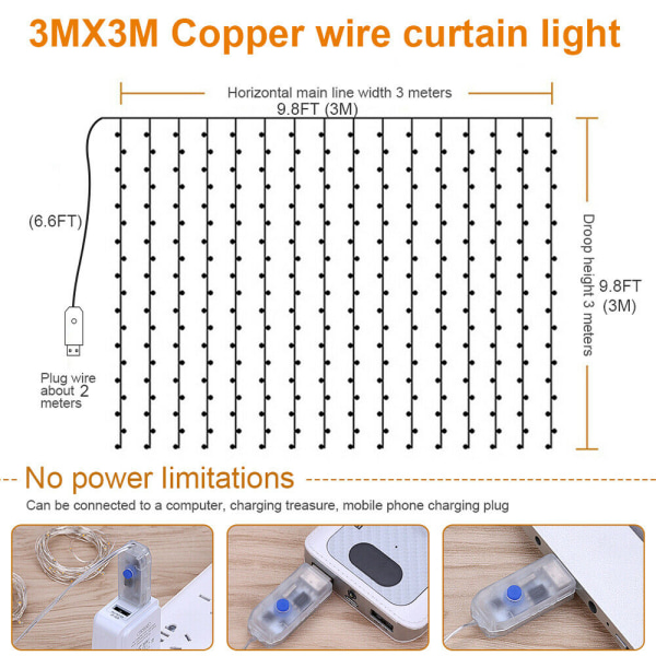 300 LED USB koppartråd gardin ljus fjärrkontroll dekoration White 3*3M