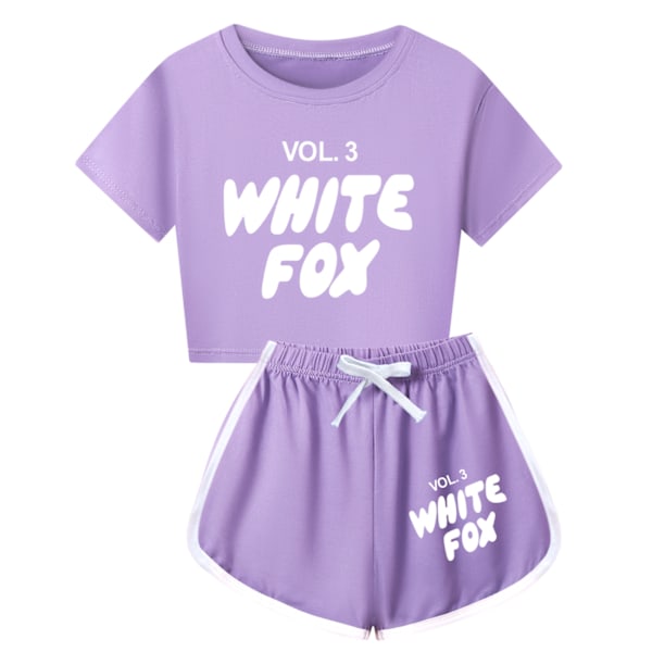 T-shirts med tryck och korta ärmar + shorts Sportkläder Set 5-14 år Barn Tonåringar Flicka Träningsdräkt Purple 110cm
