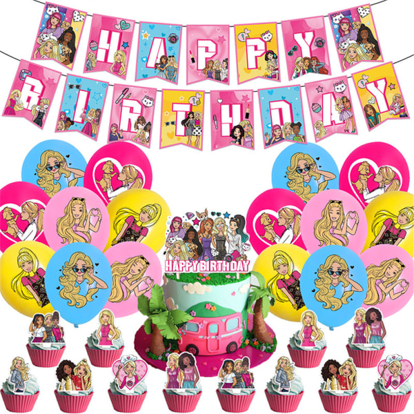 Barbie-tema Barn Födelsedagsfest dekorationer Ballonger Banner Cake Topper Set