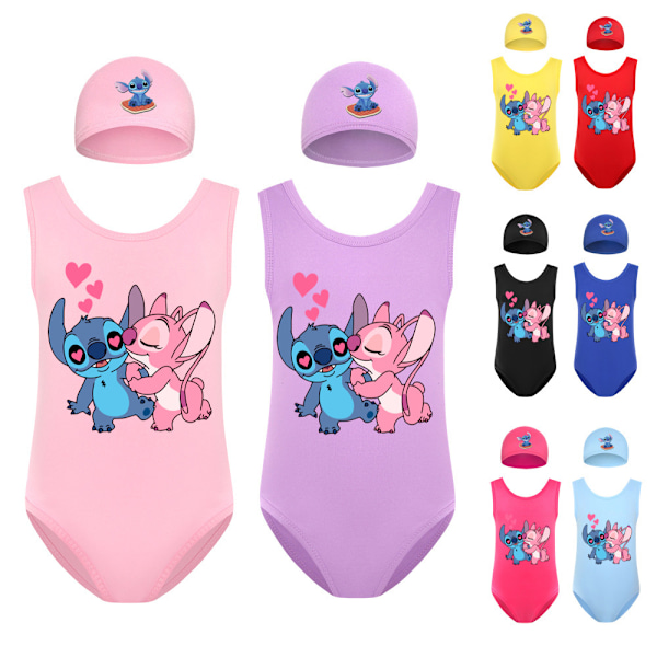 Barn Flickor Lilo & Stitch Tecknad Baddräkt Hel Baddräkt Strandkläder Simdräkt Surfdräkt Med Badmössa Rose Red 130cm