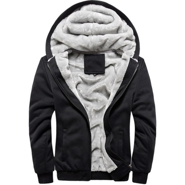 Man Warm Fleece Hoodie Full Zip Sherpa Fodrad Sweatshirt Jacka Black M