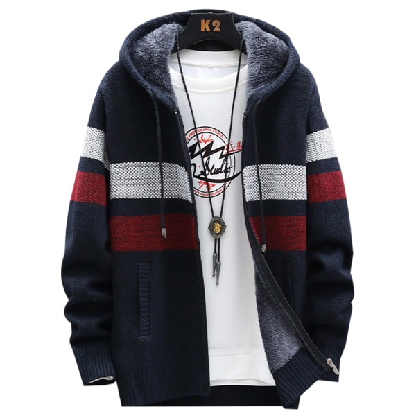 Män Fleece Strip Fodrad Hoodie Kappa Vinter Dragkedja Huva Jacka Toppar Navy blue 2XL