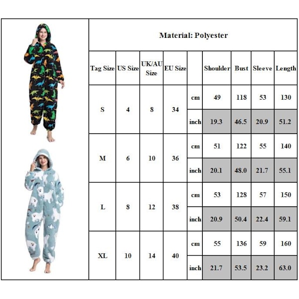 Kvinnors tecknade djur jumpsuit pyjamas nattkläder varm huvtröja B M