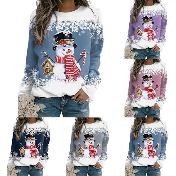 Kvinnors Jultoppar Snögubbe Tröjor Långärmad Crewneck E XL