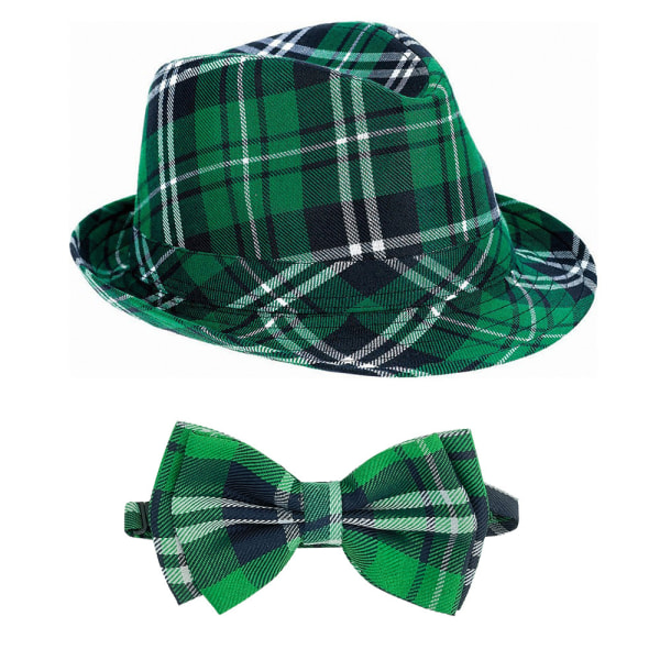 St Patricks Day Hat Vuxna med fluga Grön Pläd Hatt Kostym