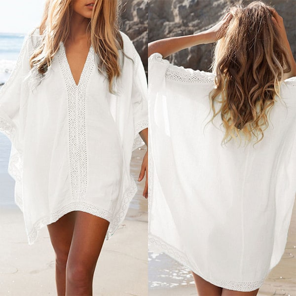 Dam Strand Mini Klänning Bikini Överdrag Spets Sommar Kaftan Sarong Baddräkt White