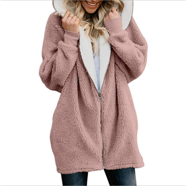 Damjacka i solid fuzzy fleece-huva med kofta med ficka pink L