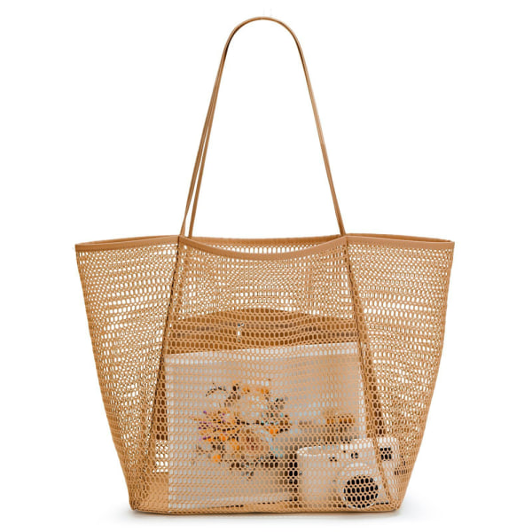 Stor Beach Mesh Tote Bag Vikbar Sandtät för Beach Picknick khaki