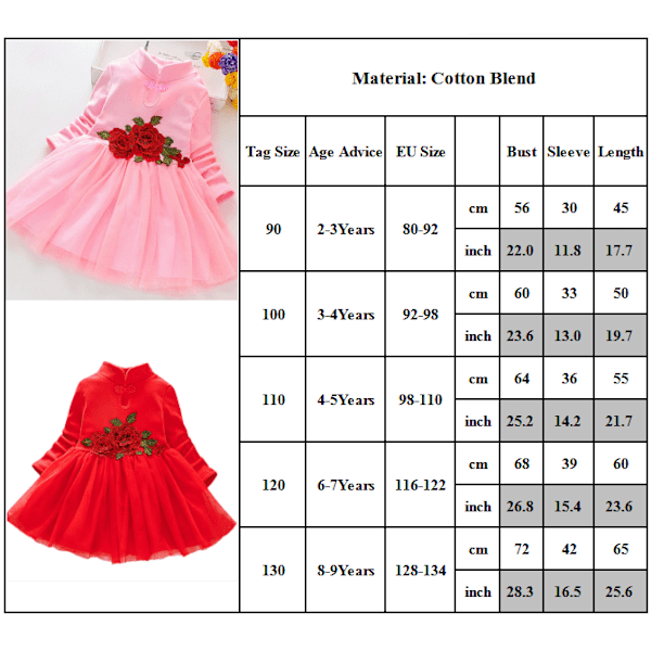 Flickor långärmad blommig meshklänning födelsedagsfest bröllopsklänning red 90cm