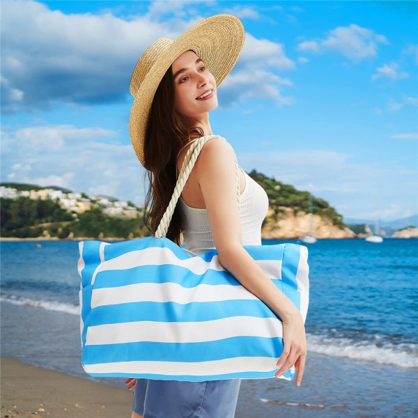 Stor strandväska för kvinnor, vattentät sandtät med dragkedja Sky blue