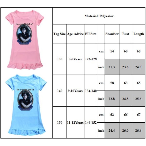 Onsdag Addams Barnflicka Pyjamas Nattlinne Nattkläder Hemkläder light blue 150cm