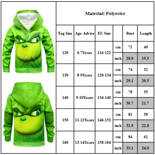 Boys Christmas The Grinch Zip Up Hoodie Sporttröja för barn 150cm