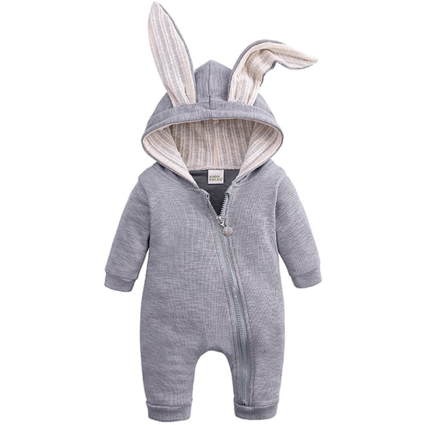 Baby Romper Cartoon Rabbit 3D Ear Hoodie 1Piece Zipper Bodysuit grey 66cm