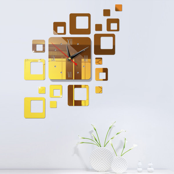 Modern 3D stor väggklocka Spegel Ytdekal Designdekor Gold