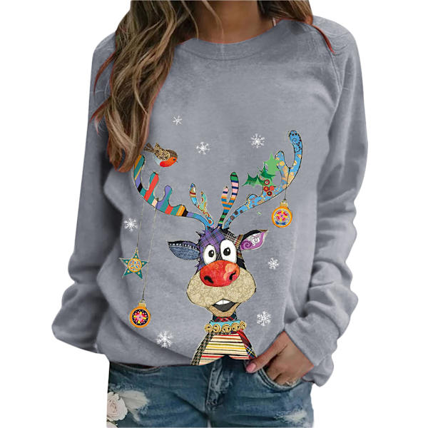 Kvinnor Jul Älg Tryck Långärmad Pullover Jumper Topp Blus grey M