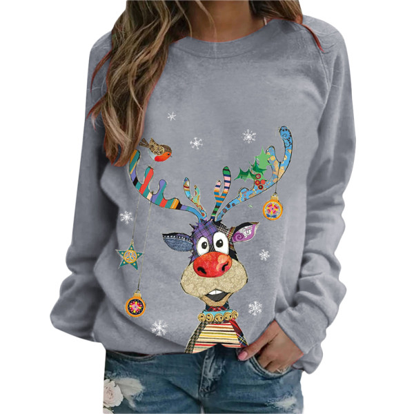 Kvinnor Jul Älg Tryck Långärmad Pullover Jumper Topp Blus grey XL