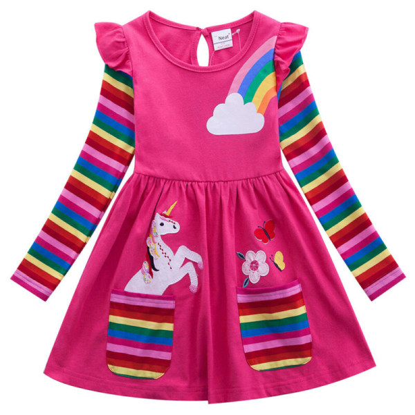 Enhörningsklänning för flickor Barn Regnbåge långärmad prinsessklänning Pink 5-6 Years
