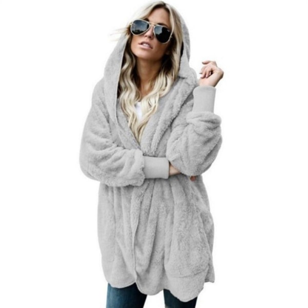 Dam Fuzzy Jacket Coat Hooded Cardigan Ytterkläder med fickor Gray 2XL
