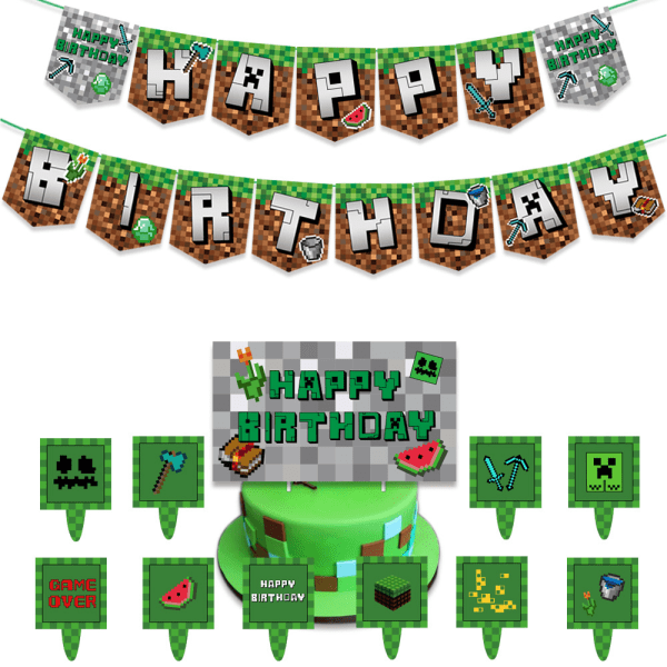 Minecraft Balloon Barn Födelsedagsfest Banner Cake Topper Dekor