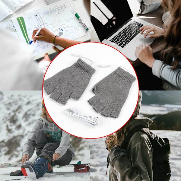 1 par vintertermiska varma uppvärmda handskar USB halvfingerhandskar grey