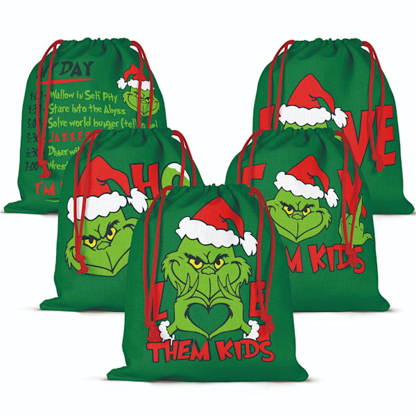 Stora julgrön Grinch säck dragsnöre presentpåsar B