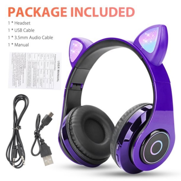 Bluetooth 5.0 hörlurar Cat Ear Over-Ear hopfällbar LED lyser purple