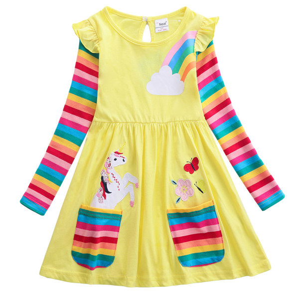 Enhörningsklänning för flickor Barn Regnbåge långärmad prinsessklänning Yellow 6-7 Years
