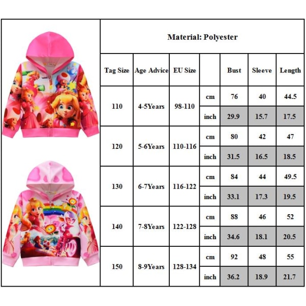 Peach Princess 3D-tryckt barnjacka med dragkedja och långa ärmar B 140cm