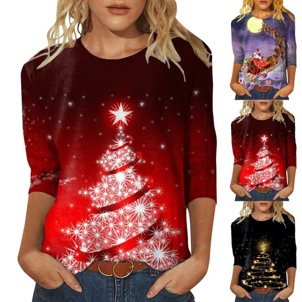 Jultröjor Dam Dressy Casual Holiday T-shirts med 3/4 ärmar C XL